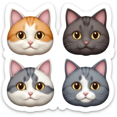 4 different coloured short haired cats including; a dark brown and white cat, and a dark grey and white  sticker