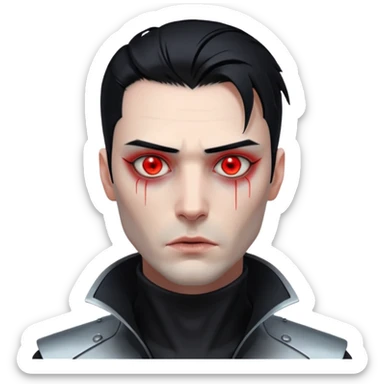 Cyberpunk man, slicked hair, silver metal jaw prosthetic, glowing red eyes, cold expression, clinical lighting sticker
