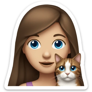 Blue eyes Girl with long brown hair holding a cat sticker