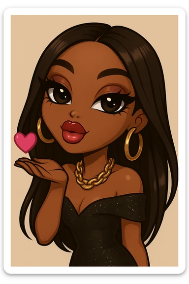 Change the pose to blowing a kiss, headshot only, keep her as a 20-year-old anime Bratz style woman with dark skin, dark hair, glamorous evening wear, big expressive eyes, glossy lips, and a happy expression. No tears. sticker