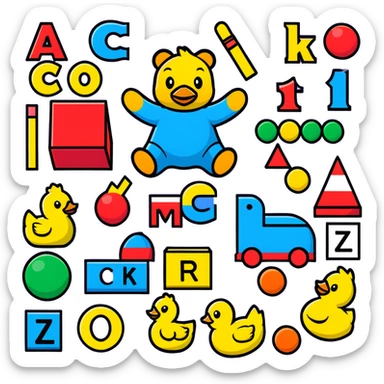 playroom floor with scattered toys - plush teddy, rubber duck, alphabet blocks, bouncy ball, action figures sticker