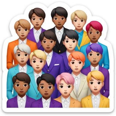 Cinematic Realistic group portrait of BTS featuring all 7 members in stylish modern attire, with detailed facial expressions and vibrant colors, captured in dynamic, contemporary lighting that emphasizes their global pop icon status sticker