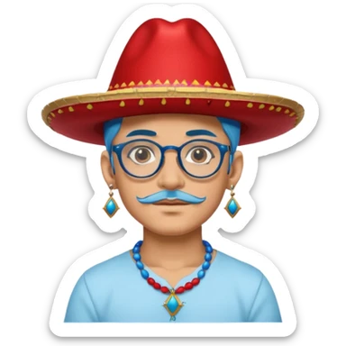unique looking tourist with big unique red tourist sombrero and earrings, man with lots of tattoes and spectacles, blue hair showing sticker