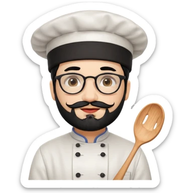 CHEF CON PIEL BLANCA, GORRO DE CHEF, PELO NEGRO Y BARBA NEGRA, OJOS MARRON OSCURO Y GAFAS DE PASTA NEGRAS. SONRIE Y TIENE MARCAS DE BESOS CON FORMA DE LABIOS EN LAS MEJILLAS (COMO MANCHAS DE PINTALABIOS) sticker