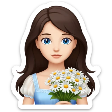 A lady stand with dark brown long hair and blue eyes, wearing a white dress, holds a bouquet of daisies.  sticker