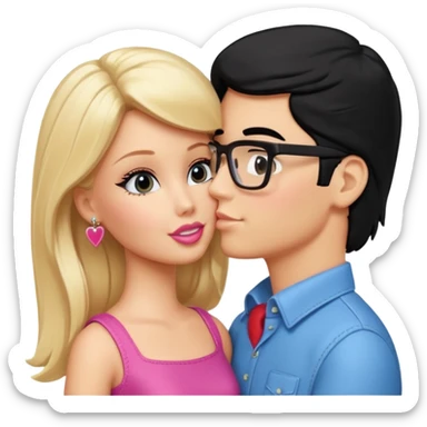 pretty blonde girl barbie kissing nerd with black hair and tan skin on the cheek sticker