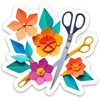 Paper crafting icon, colorful paper sheets, origami figures, 3D paper flowers, scissors and craft knife, minimalistic style, clean lines, transparent background. sticker