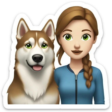 White Woman hair brown and bleus eyes and golden Husky With green eyes sticker
