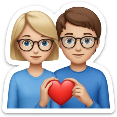 two young lovers, a heart in the middle, boy with brown hair and glasses, girl blonde with blue eyes without glasses, emoji style sticker