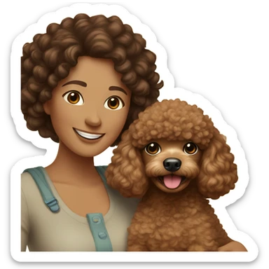 A mom with with brown curly hair and a brown daughter with black curly hair taking a photo and with the mom is holding a toy poodle dog  sticker