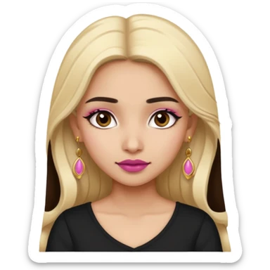 Sweet Indian girl blond long hair darkbrow  eyes brown/pink lipstick blush, black top gold earrings brown eyebrows  sticker