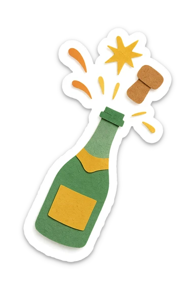 sparkling wine opening step 4: moment cork pops out, realistic light green champagne bottle color, no background sticker