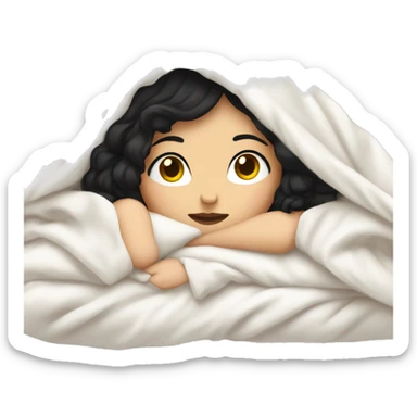 Pale Girl with black hair  laying down cozy in a white blanket sticker