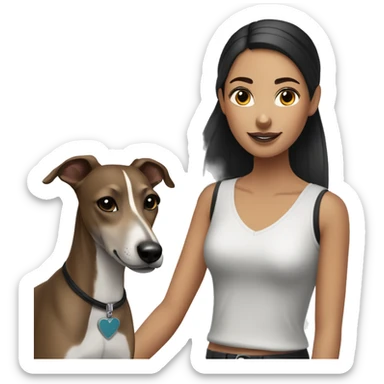 a girl with dark hair and a bun with a greyhound (whippet) dog breed next to her sticker