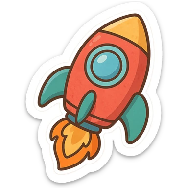 A rocket icon with a cartoonish, playful design, using bright colors and exaggerated features for a fun, whimsical look. sticker