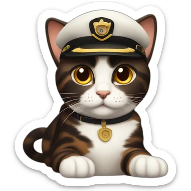 full brown and black calico cat wearing a pilot hat sticker