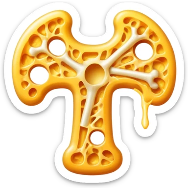 Glowing bone and vitamin K2 symbol with ethereal shredded cheese floating around them in a circular pattern. The cheese emits a soft golden light that flows toward the K2 and bone, creating a magical halo effect of bone-strengthening energy. sticker