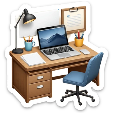 emoji of a cozy desk with a paper and a laptop on it sticker