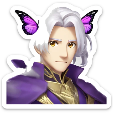 Oberon Voltigern in Fate/Grand Order has long white hair, glowing violet eyes, and translucent butterfly-like wings. He wears an elegant purple and gold coat, exuding a majestic and enigmatic presence fitting his role as the fairy king. sticker