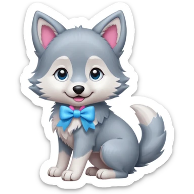 an animated gif-style sticker emote of a wolf puppy in a play-bow wagging its tail in a smooth, natural arc over its back. It has a pink bow on one ear and bright blue eyes sticker