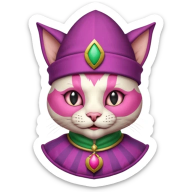court jester cat medieval, single poker card joker clearly visible, pink, face only, round badge,  court jester cap sticker