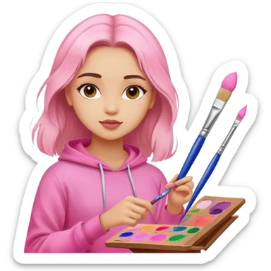 girl in pink clothes paints with brushes on canvas artist sticker