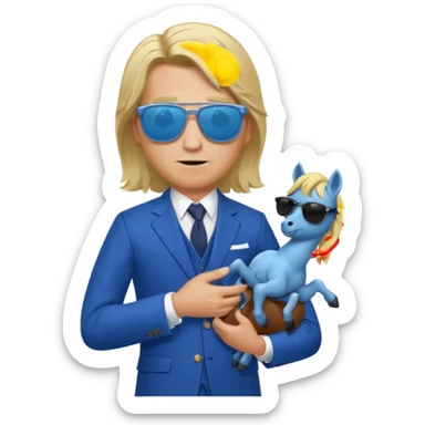 A blond man in a blue suit with a Colt pointing forward. The audience , and long hair and san glasses sticker