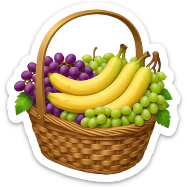 A wicker basket filled with apples, grapes, and bananas.






































 sticker