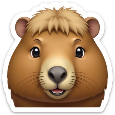 Cinematic Cute Capybara Portrait Emoji, Head tilted playfully and inquisitively, with a delightfully fluffy, rounded form and a distinctively endearing capybara face marked by a short snout and petite ears, accented by luxuriously soft fur in warm earthy tones and bright, sparkling eyes full of charm; rendered with intricate, realistic detail and natural highlights, high shine, affectionate and lively, styled with a touch of whimsical cuteness, soft glowing outline, capturing the essence of a mischievous yet loving capybara that seems poised to tumble playfully into your arms! sticker