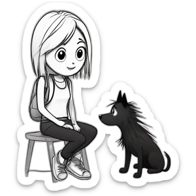a dog and a girl with black spiky hair looking at each other in style of ((sarah andersen)), black and white,sarah andersen,cartoon,drawn,sketch sticker