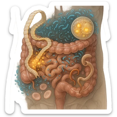 semi-realistic transparent abdomen focusing on the interaction and competition between tapeworms, blastocystis, and hookworms, with visual metaphors for nutrient theft, microbiome hijack, and anemia, medical illustration sticker