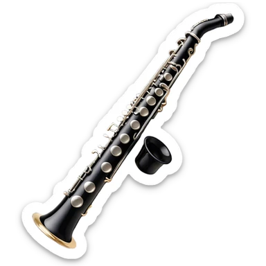 Create a sleek and professional emoji representing a black standard clarinet. The design should feature a smooth, glossy black body of the clarinet with shiny, silver keys clearly visible. Highlight the intricate details of the mouthpiece and reed at the top, while the body of the instrument should remain simple and elegant. Add subtle musical notes or soundwaves floating around the instrument to symbolize its clear, melodic sound. Use black for the body, silver for the keys, and soft lighting effects to give the instrument a polished, sophisticated look. The background should be transparent. sticker