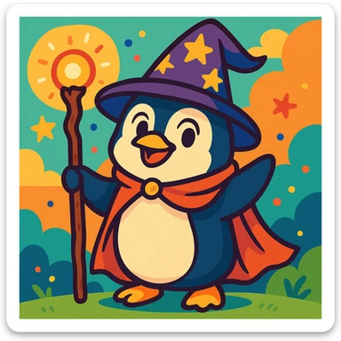 a penguin dressed as a wizard, with a pointy hat and a magic staff, in a fun and whimsical style, colorful vibrant toon illustration sticker