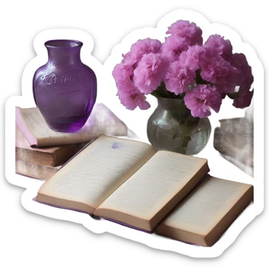 An aesthetic arrangement of a violet vintage book and pink flowers in a glass vase, surrounded by antique letters sticker