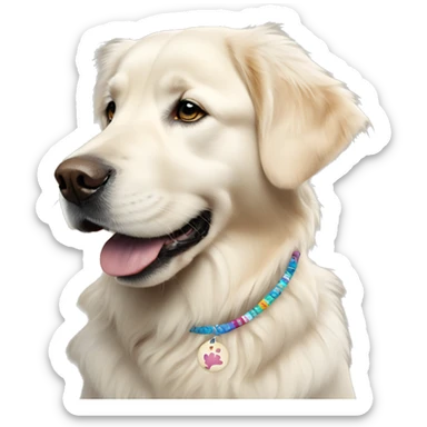 White golden retriever wearing a friendship bracelet sticker