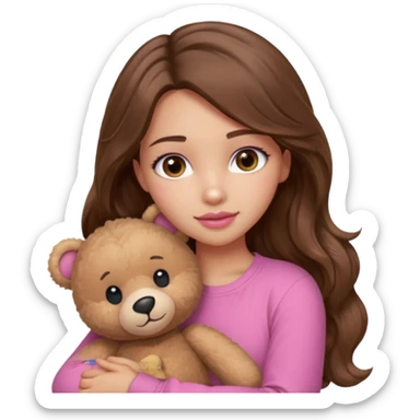 girl with long wavy brown hair, brown eyes, light to medium complexion, in a pink shirt, pink lips, long lashes, hugging a teddy bear sticker