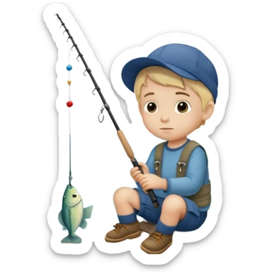 Little boy on the dock fishing, felt texture, scrapbooking, precious moments style character sticker