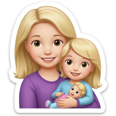 Toddler girl – holding a doll with a smile. sticker