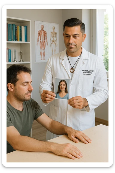 a middle-aged man, dressed in casual professional attire, is in a bright, organized therapy studio. Durante una visita di kinesiologia, il praticante tiene con una mano la foto di una persona lontana (il “testimone”) appoggiata su un tavolo, mentre con l’altra mano esegue un test muscolare su un cliente presente. Sullo sfondo si vedono libri di kinesiologia, poster anatomici e strumenti tipici della disciplina. L’atmosfera è concentrata e serena, con luce naturale che entra dalla finestra, sottolineando l’aspetto alternativo e umano della pratica. sticker