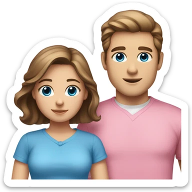 White young couple male has darker hair than female both have brown hair female has brown hair and long male has blue eyes and female has hazel eyes. Male is wearing blue shirt and female is wearing pink  sticker