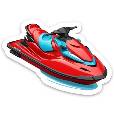 jet ski (red black and white all in the same amount. maybe a red a bit more dominant) on the sea. show the sea under the jet ski - blue with turquoise. no sky - white background instead. DO NOT REMOVE THE SEA AND THE WHITE WHEN FINALIZING!  sticker