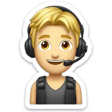 Homme blond, visage ovale, cheveux lisses avec un casque de gamer sur la tête, et des petits yeux sticker