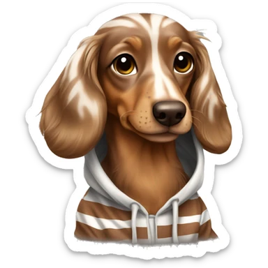 brown creme dapple long haired dachsund with striped hoodie sticker