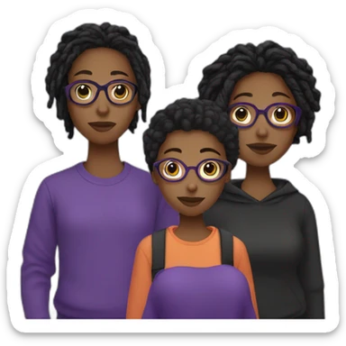 young Black digital creator with glasses and black locs and purple sweatshirt holding two black women sticker