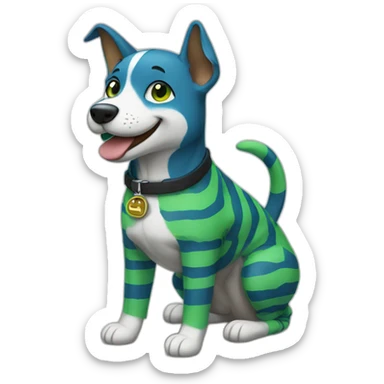 a blue and green striped dog-fursona smiling sticker