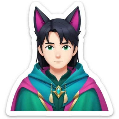 anime man with long-straight-dark-black hair, long black fox ears with pink Scapha, colorful-gradient-brown-turquoise eyes, gold earring, dark-blue-sweater, green cape,  sticker