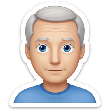 Middle aged man with receding grey hair and no beard, blue eyes, shy smile sticker
