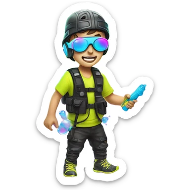 Caucasian boy in glowing rave outfit with mask, sunglasses, and headgear, firing hundreds of bubbles out of a water gun sticker