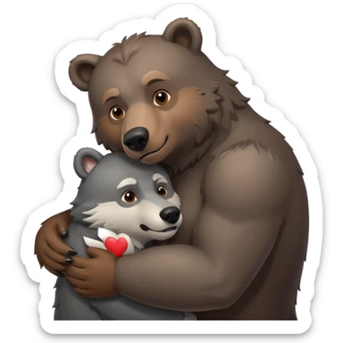 A beefy brown bear cuddling a grey wolf. Both of them are males and in love.  sticker