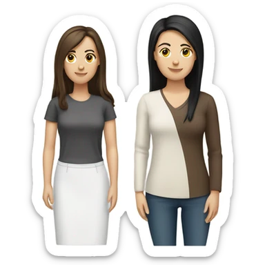 two caucassian woman with brown hair standing next to each other. One has black hair the other one has brown hair and is slightly shorter then the woman with black hair sticker